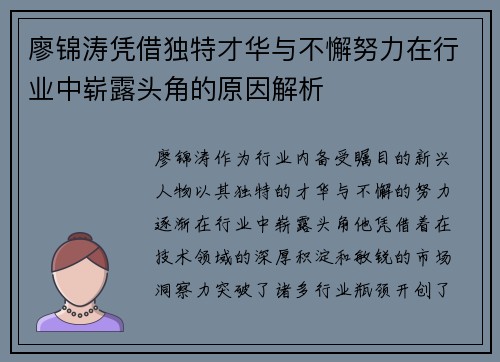 廖锦涛凭借独特才华与不懈努力在行业中崭露头角的原因解析 廖锦涛凭借独特才华与不懈努力在行业中崭露头角的原因解析