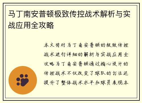 马丁南安普顿极致传控战术解析与实战应用全攻略 马丁南安普顿极致传控战术解析与实战应用全攻略